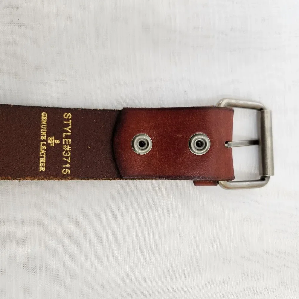 Men's Genuine Leather Belt Size S-32 Reddish Brown Black Edging Silver Buckle